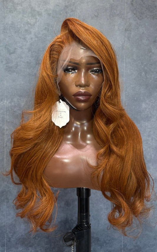 Copper colored wig with straight texture.