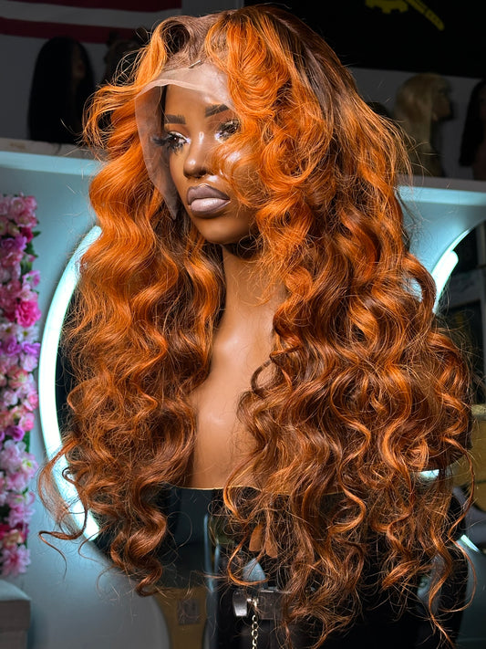 Orange wig with brown highlights.