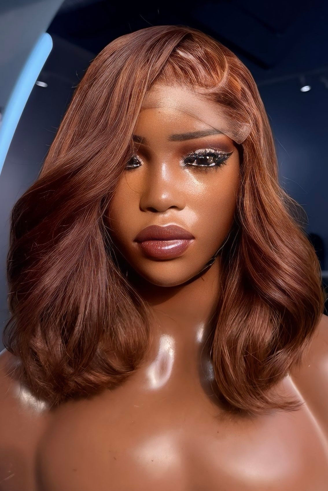 Brown orange bob wig, 12" long.