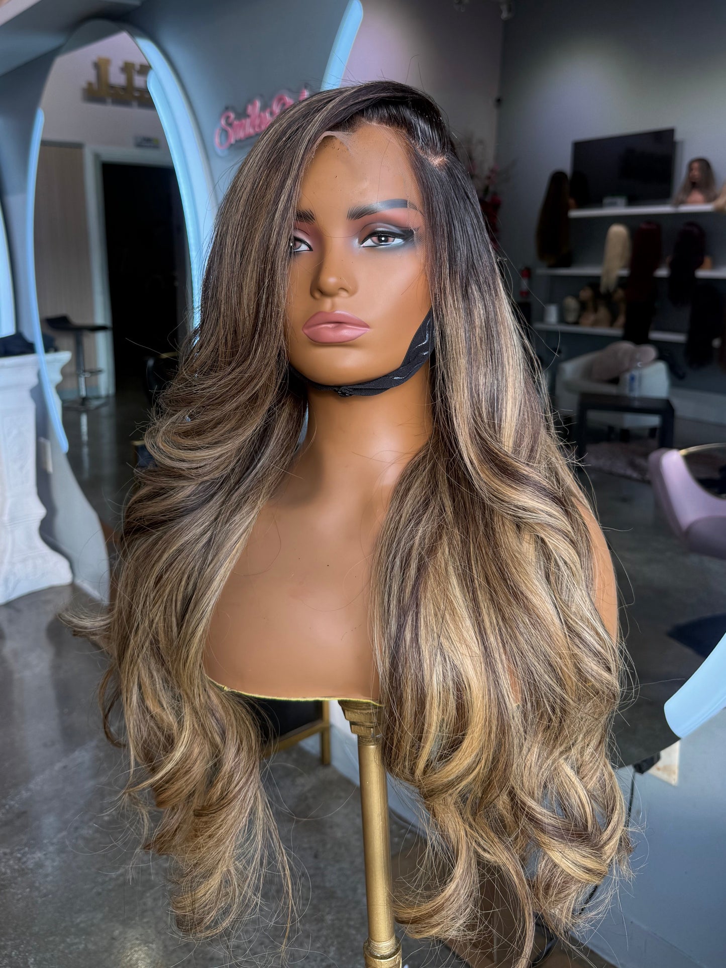 Left view of custom highlights on 26” wig.
