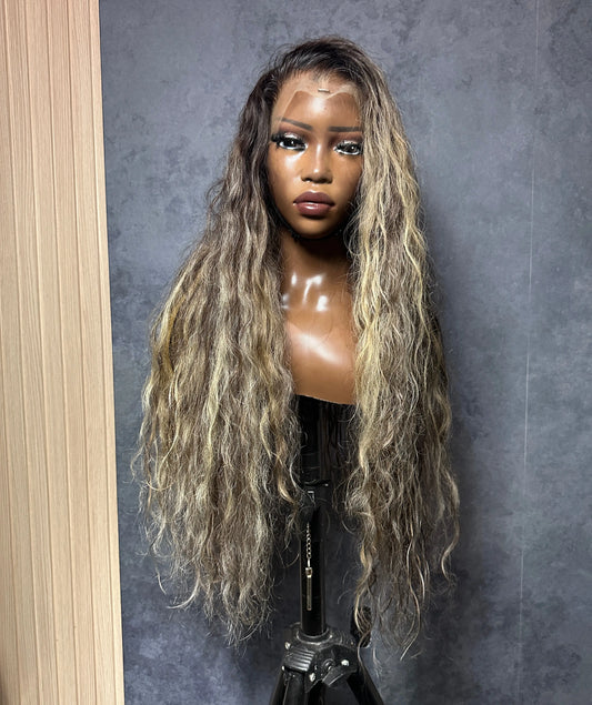 Front view of raw indian wavy hair wig.