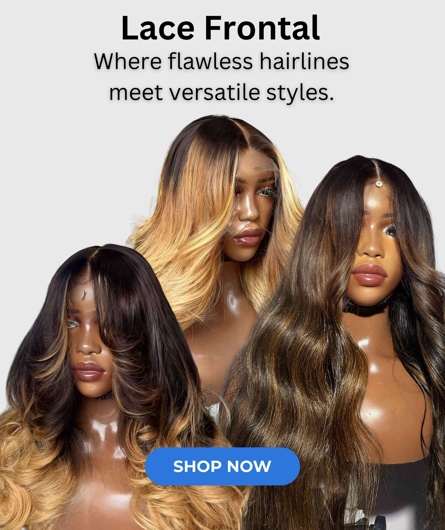Three lace frontal wigs; image banner.