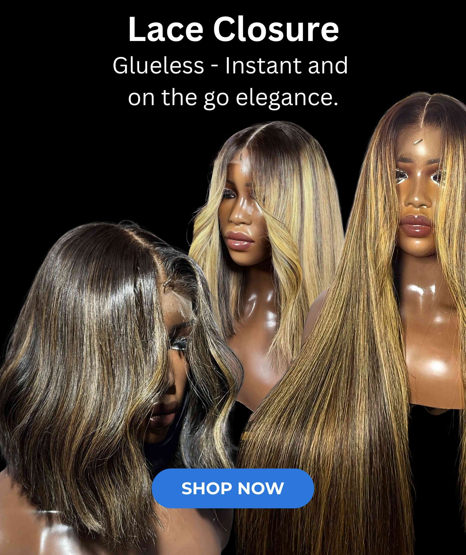 Three lace closure wigs; image banner.