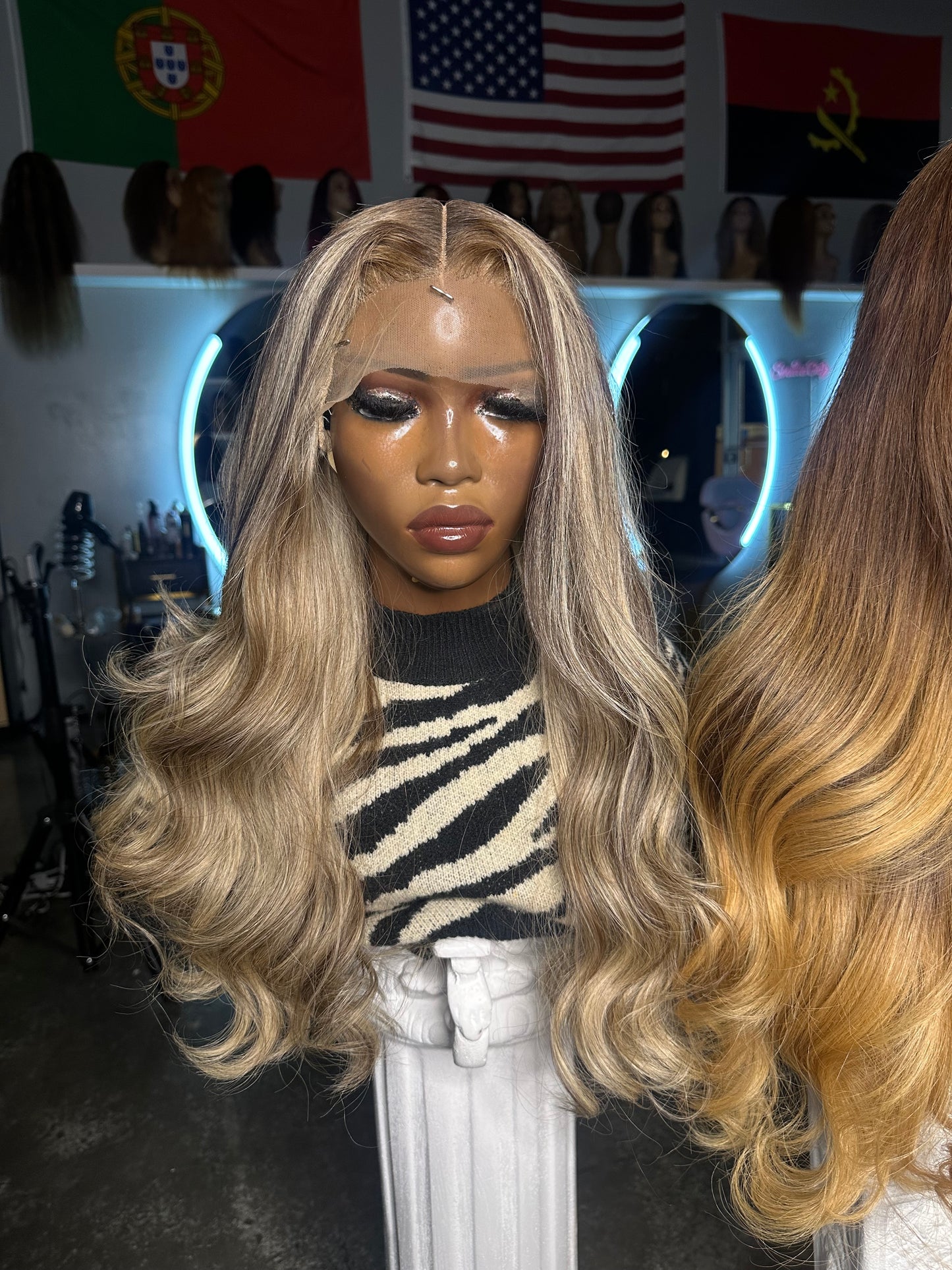Ultra virgin human hair wig with a blonde color; front view.