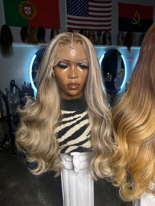 Ultra virgin human hair wig with a blonde color; front view.