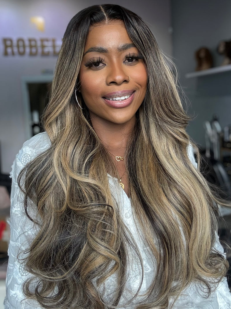 Front view of lace closure 6x6 wig made with 3 bundles of raw Indian hair.