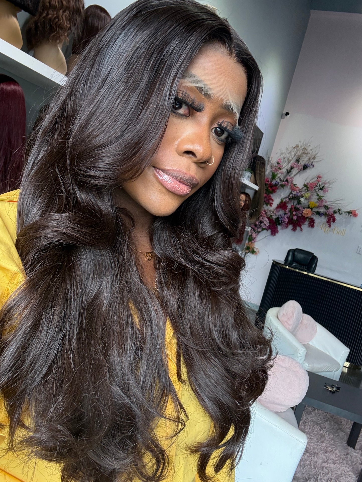 Front-right view of chocolate colored raw hair wig made with double-drawn bundles.