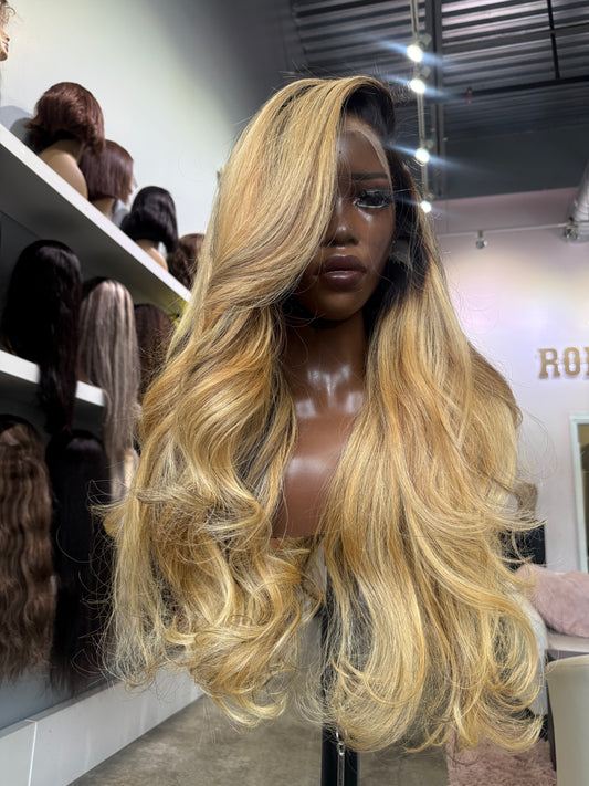 Front view of blonde raw Vietnamese wig.