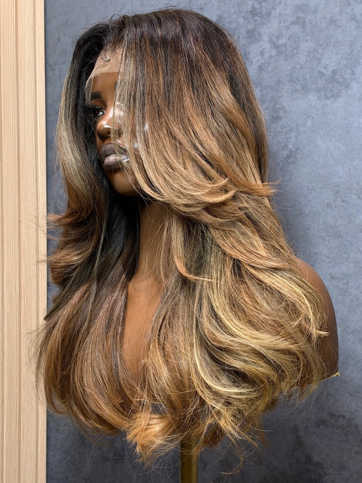 Left side view of 3 bundle raw Indian hair wig made with an HD lace frontal 13X4.