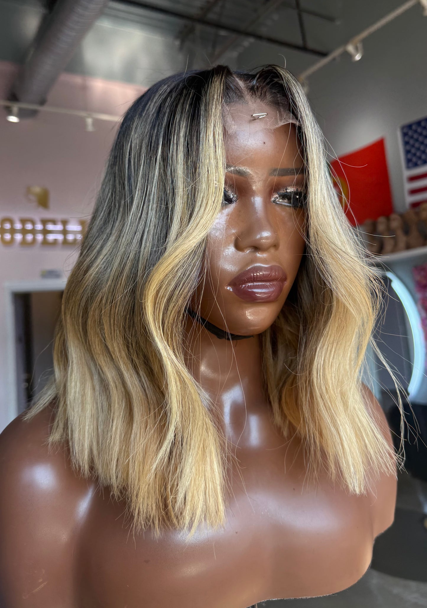Raw hair blonde wig with lace closure, 12" long.