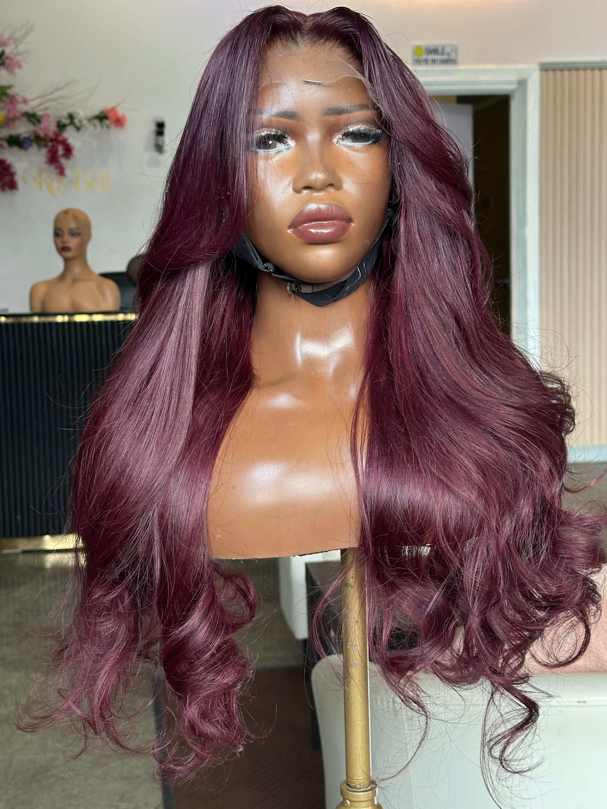 Front view of dark violet wig made with 3 bundles.