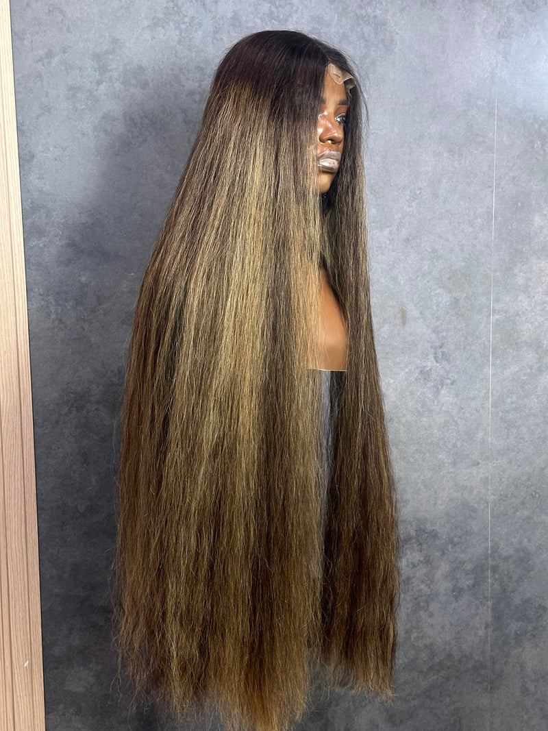 Right side view of raw Vietnamese hair wig with custom highlights. 