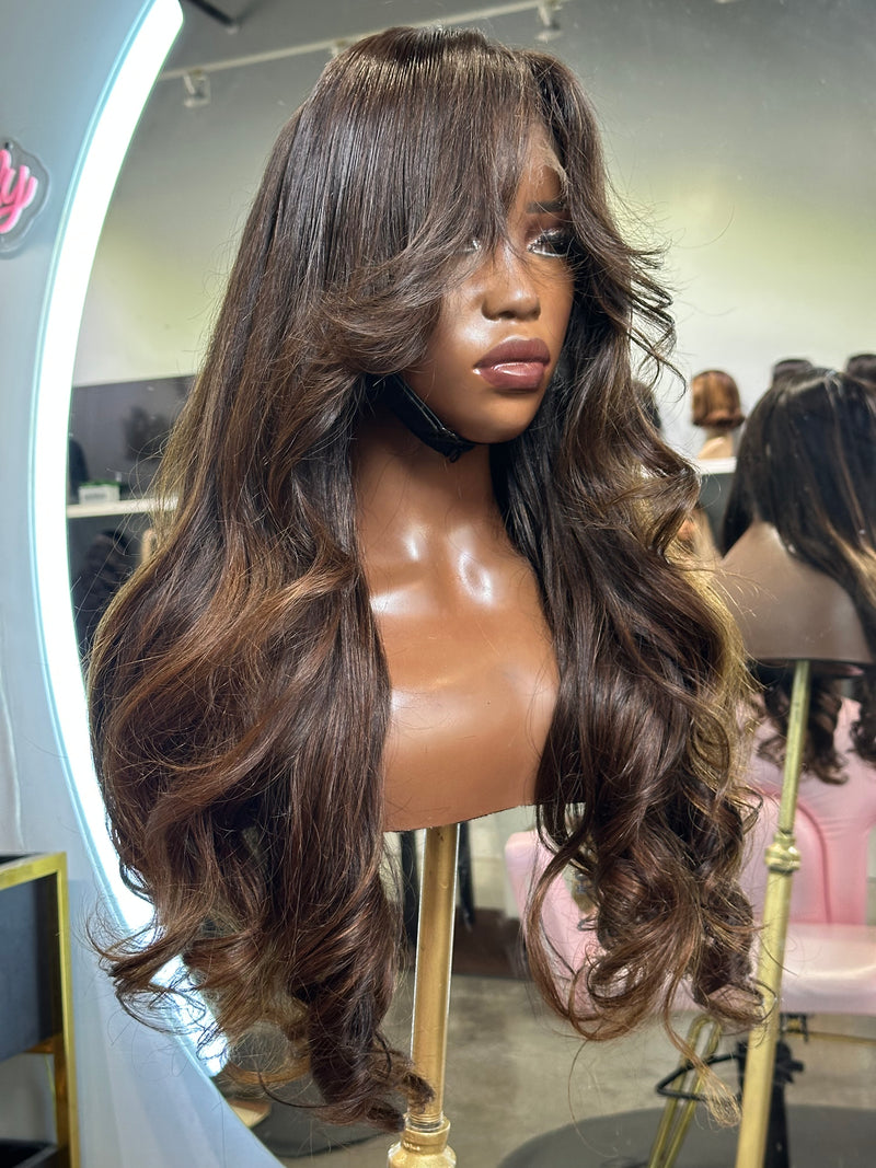 Front right view of virgin hair wig made with 3 bundles.