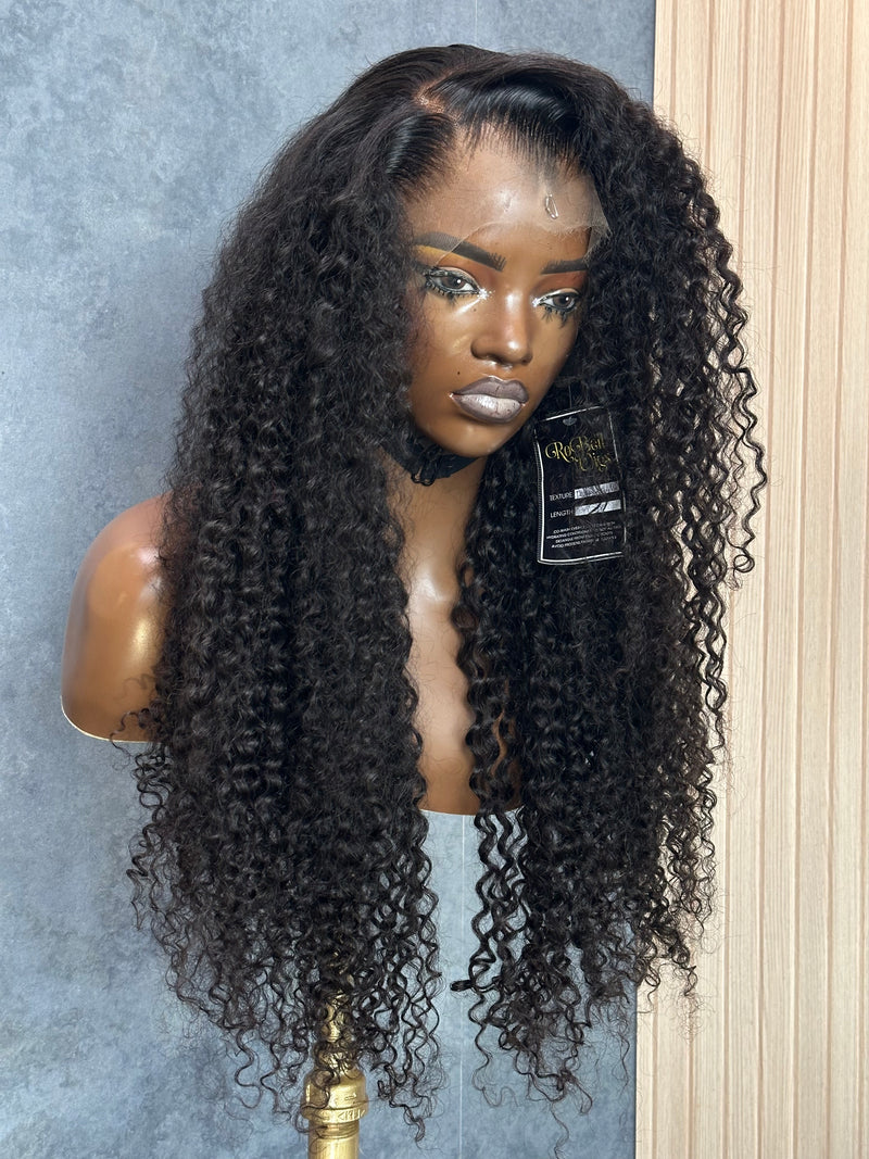 front right view of lace frontal deep curly wig.