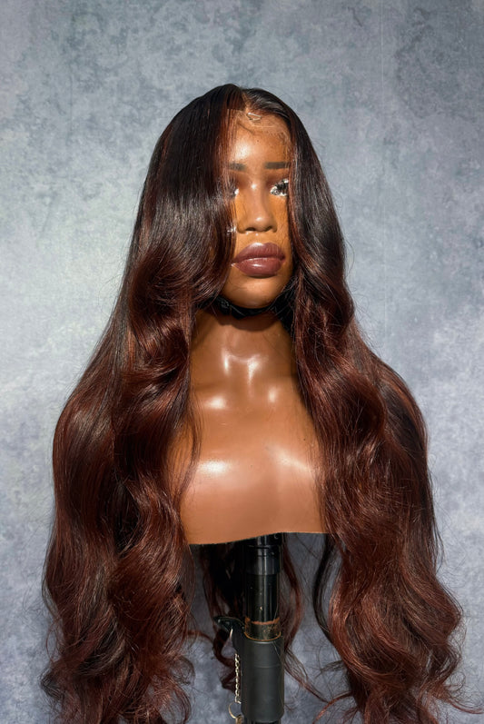 Dark copper wig with black highlights. 